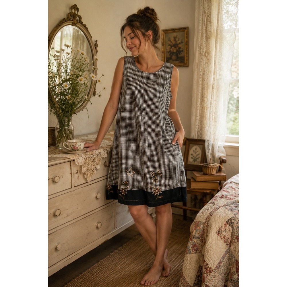 Vintage Gingham Linen Cotton Embroidered Cottagecore Jumper Dress 1X Shabby chic